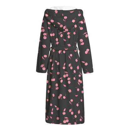 Pink Cherry Pattern Print Hooded Bathrobe