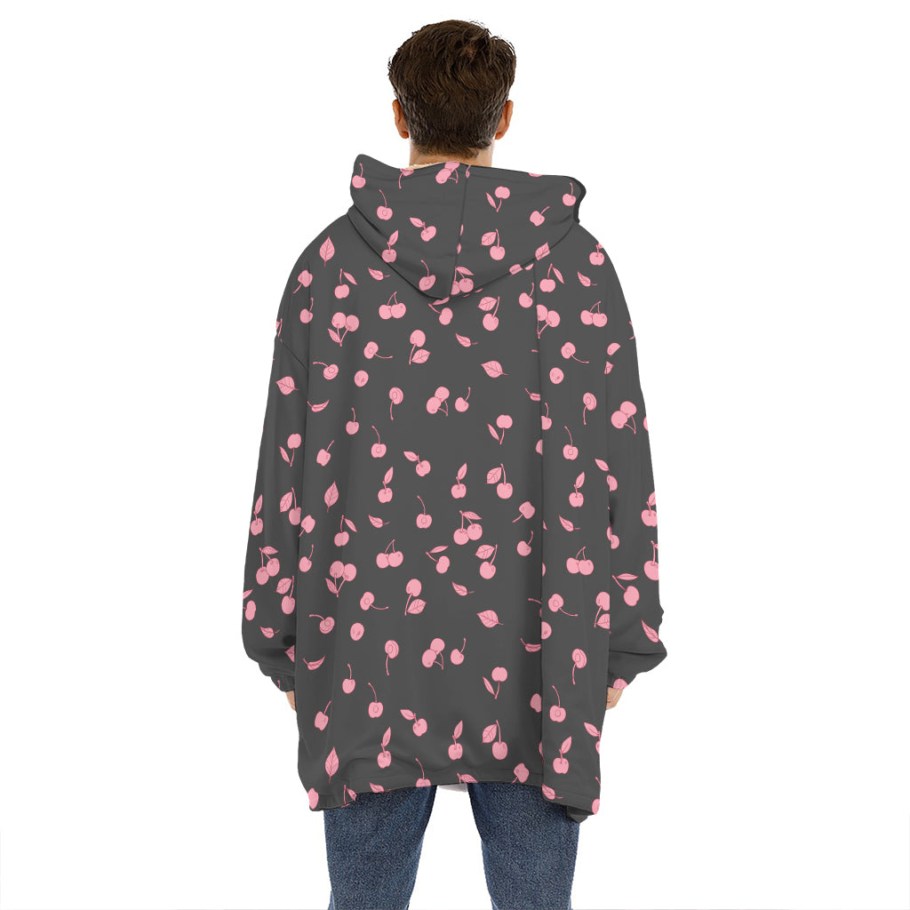 Pink Cherry Pattern Print Hoodie Blanket