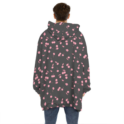 Pink Cherry Pattern Print Hoodie Blanket