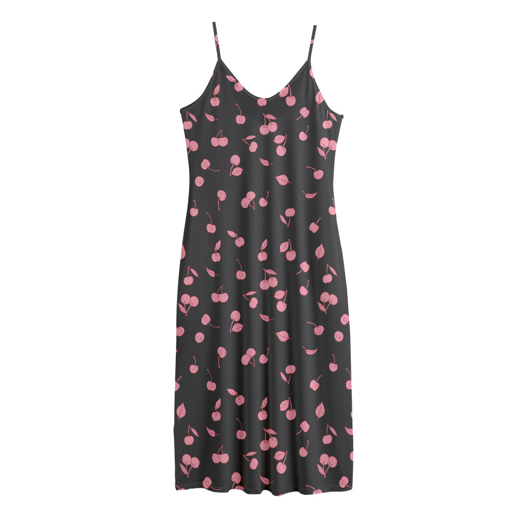 Pink Cherry Pattern Print Jersey Midi Cami Dress
