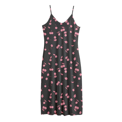 Pink Cherry Pattern Print Jersey Midi Cami Dress