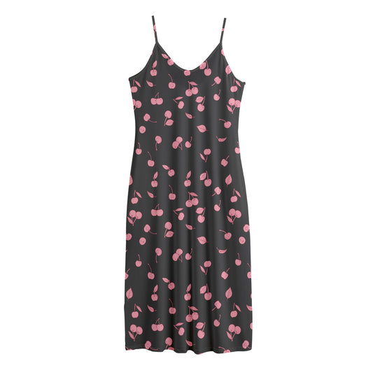 Pink Cherry Pattern Print Jersey Midi Cami Dress