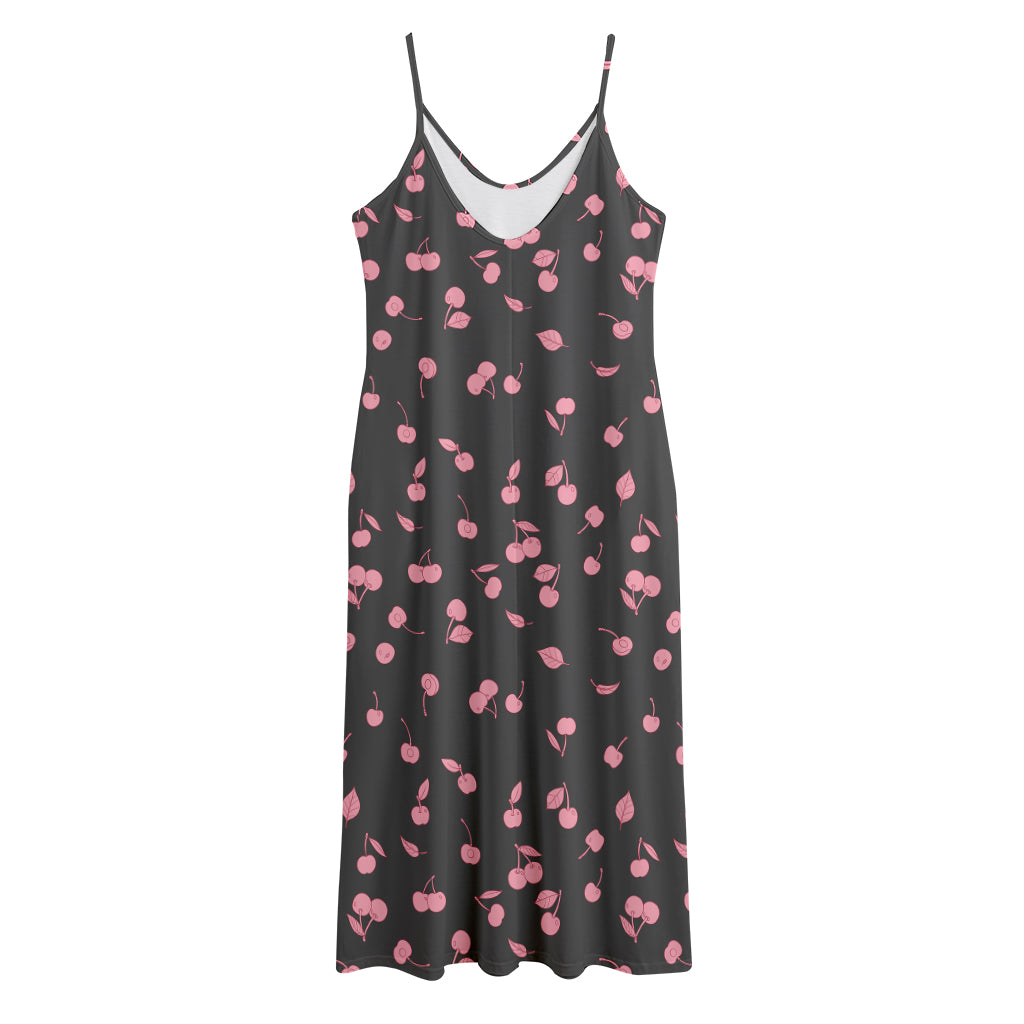 Pink Cherry Pattern Print Jersey Midi Cami Dress