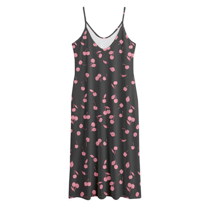 Pink Cherry Pattern Print Jersey Midi Cami Dress