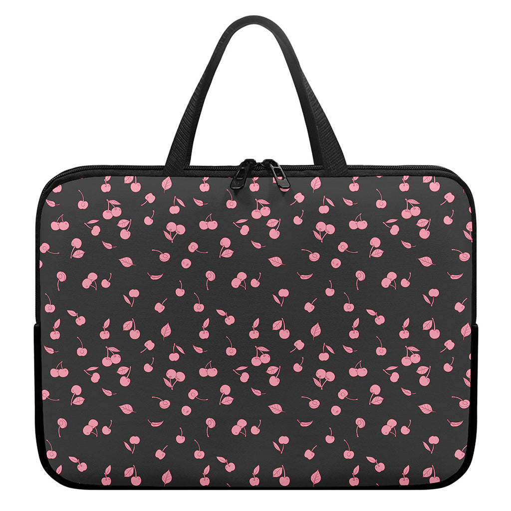 Pink Cherry Pattern Print Laptop Sleeve With Handle