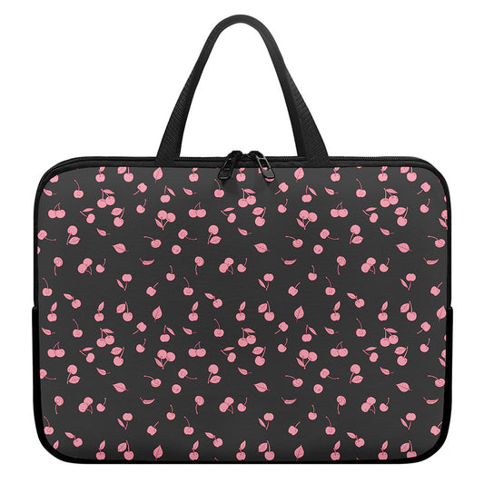 Pink Cherry Pattern Print Laptop Sleeve With Handle