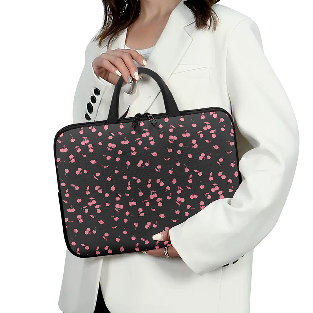 Pink Cherry Pattern Print Laptop Sleeve With Handle