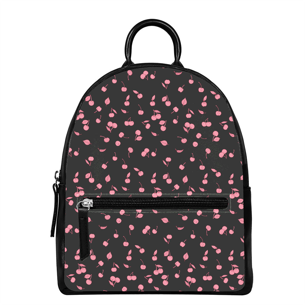 Pink Cherry Pattern Print Leather Backpack