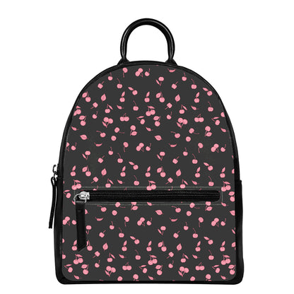 Pink Cherry Pattern Print Leather Backpack