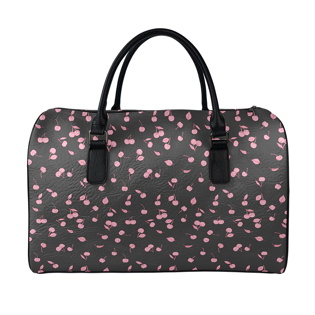 Pink Cherry Pattern Print Leather Duffle Bag