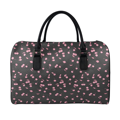 Pink Cherry Pattern Print Leather Duffle Bag