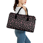 Pink Cherry Pattern Print Leather Duffle Bag
