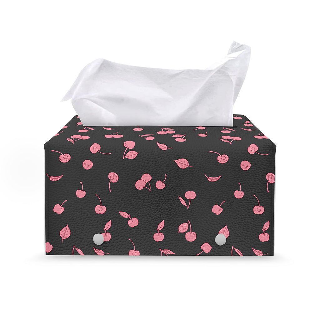 Pink Cherry Pattern Print Leather Tissue Box Cover