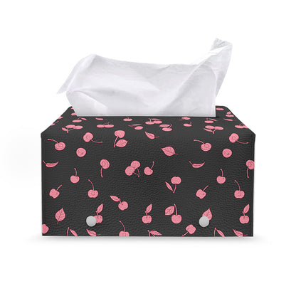 Pink Cherry Pattern Print Leather Tissue Box Cover
