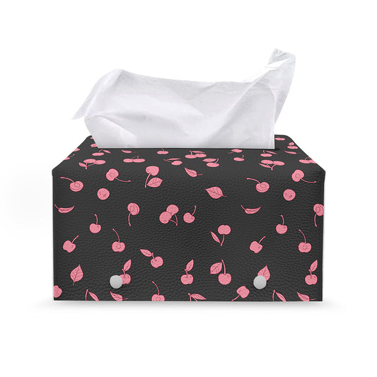 Pink Cherry Pattern Print Leather Tissue Box Cover