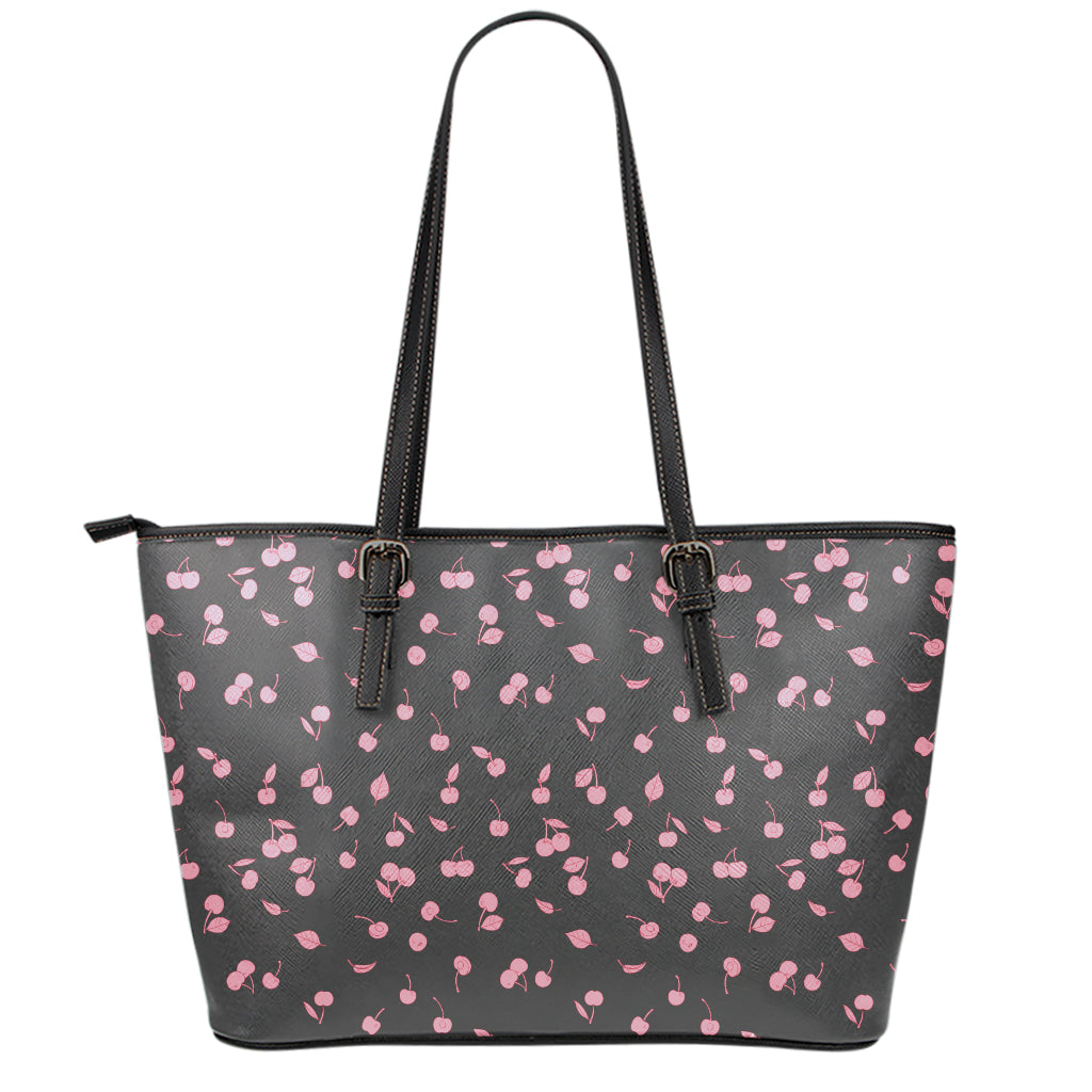 Pink Cherry Pattern Print Leather Tote Bag