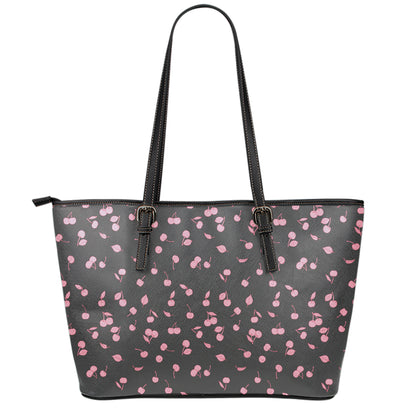 Pink Cherry Pattern Print Leather Tote Bag