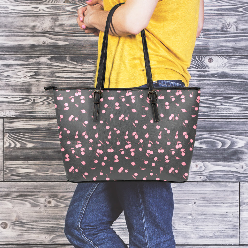 Pink Cherry Pattern Print Leather Tote Bag