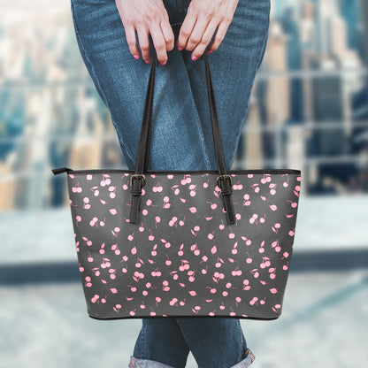 Pink Cherry Pattern Print Leather Tote Bag