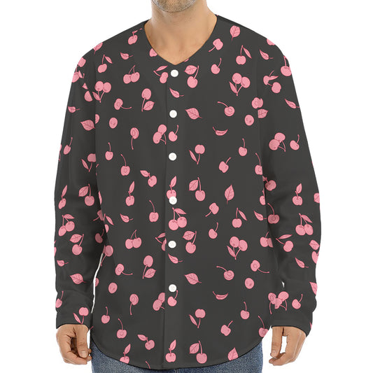 Pink Cherry Pattern Print Long Sleeve Baseball Jersey