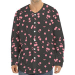 Pink Cherry Pattern Print Long Sleeve Baseball Jersey