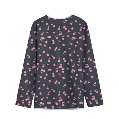 Pink Cherry Pattern Print Long Sleeve Short Coat