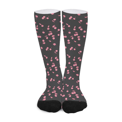 Pink Cherry Pattern Print Long Socks
