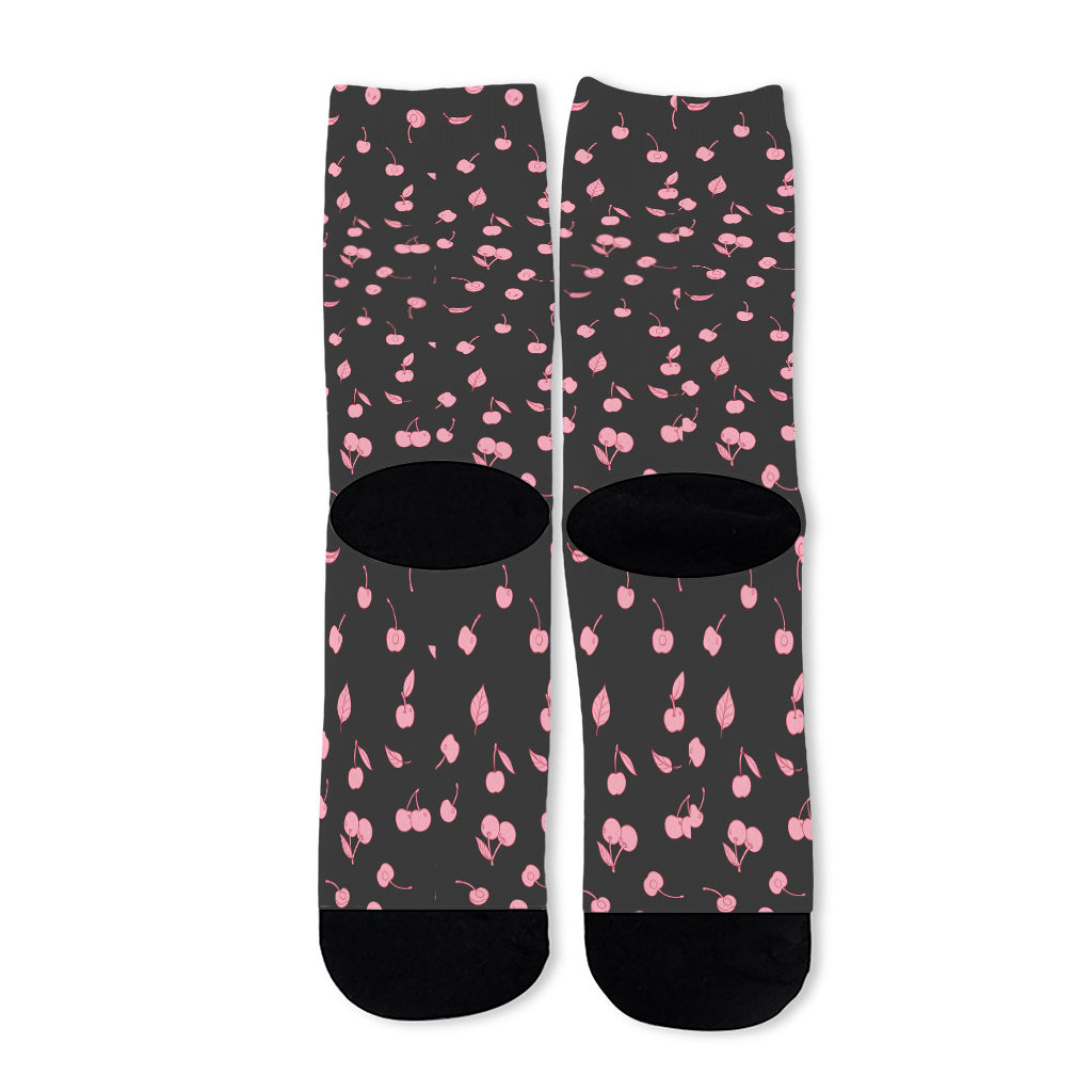 Pink Cherry Pattern Print Long Socks