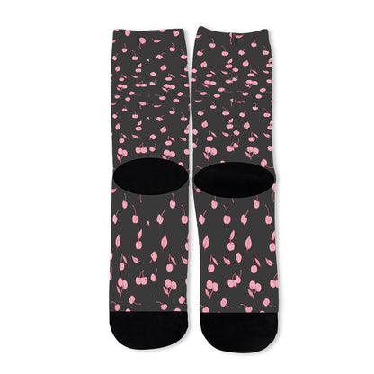 Pink Cherry Pattern Print Long Socks