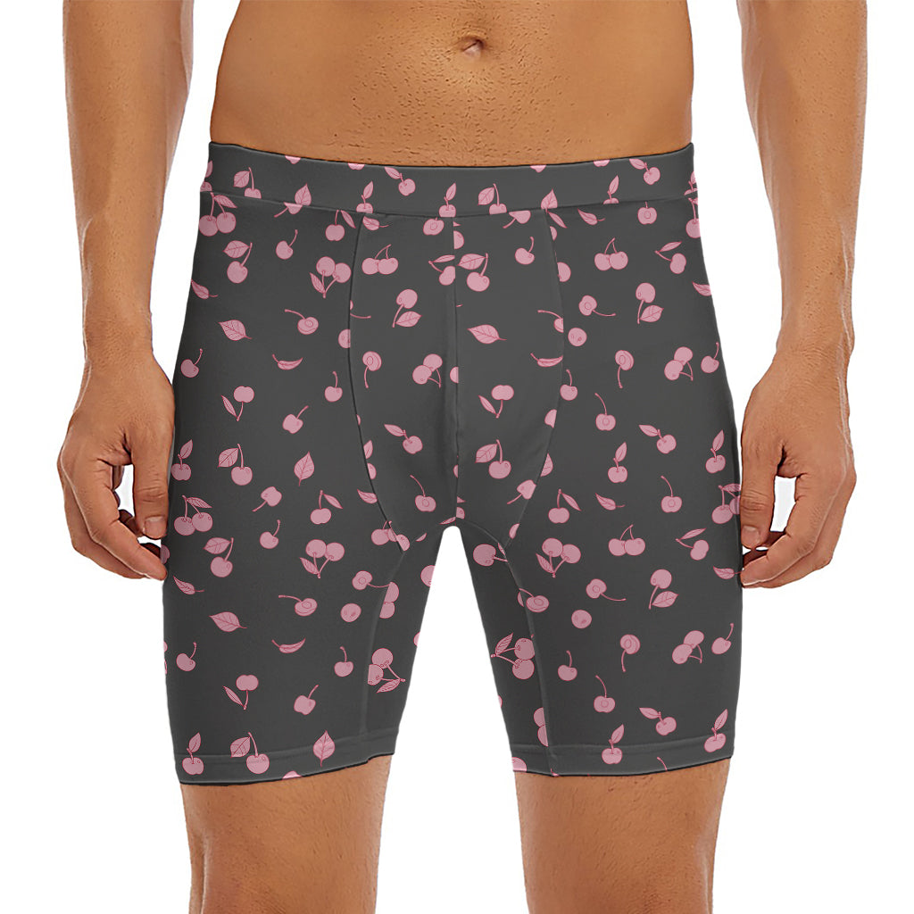Pink Cherry Pattern Print Men's Long Boxer Briefs