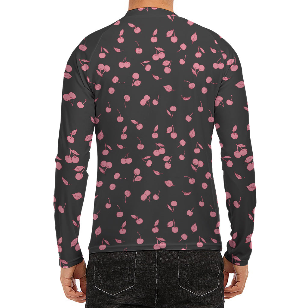 Pink Cherry Pattern Print Men's Long Sleeve Rash Guard