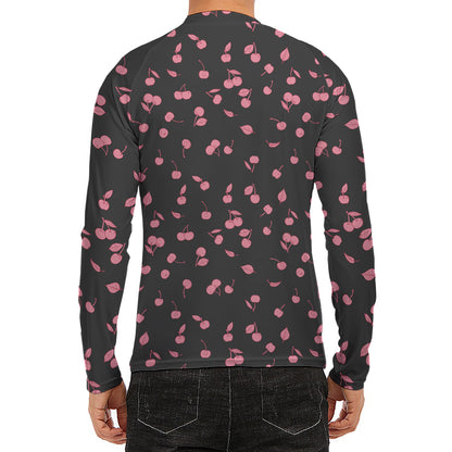 Pink Cherry Pattern Print Men's Long Sleeve Rash Guard