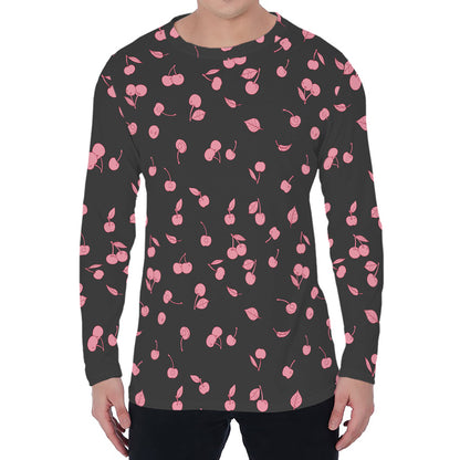 Pink Cherry Pattern Print Men's Long Sleeve T-Shirt