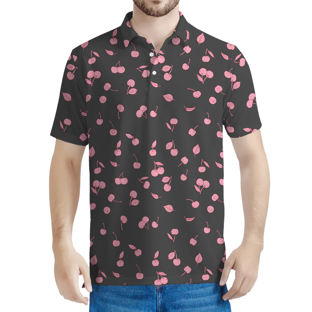 Pink Cherry Pattern Print Men's Polo Shirt