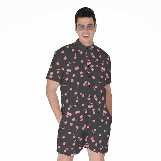 Pink Cherry Pattern Print Men's Rompers