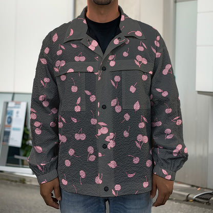 Pink Cherry Pattern Print Men's Shirt Jacket