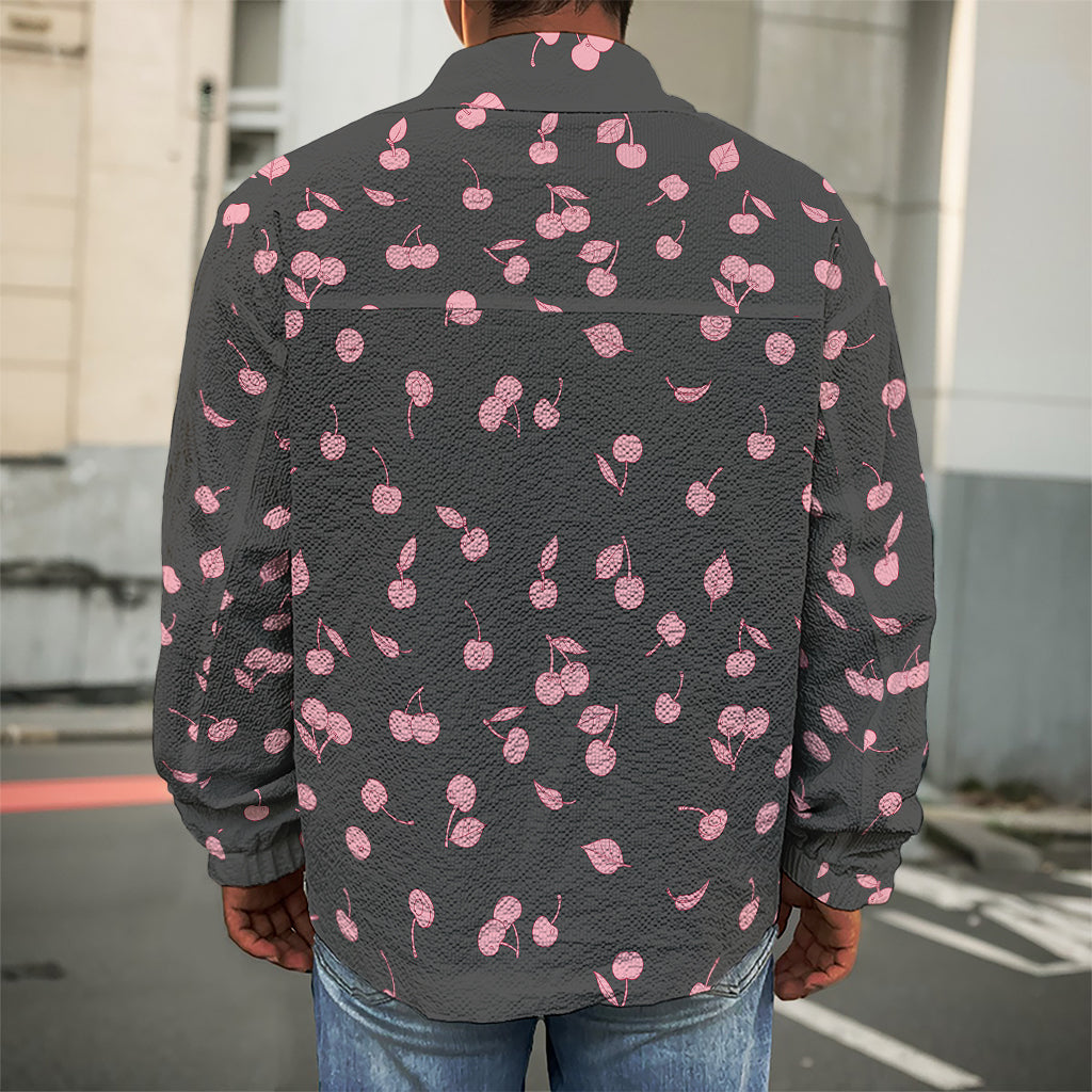 Pink Cherry Pattern Print Men's Shirt Jacket