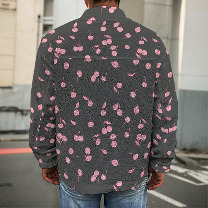 Pink Cherry Pattern Print Men's Shirt Jacket