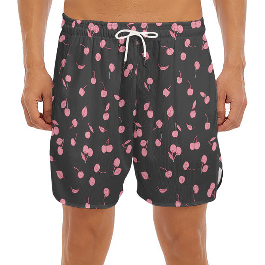 Pink Cherry Pattern Print Men's Split Running Shorts