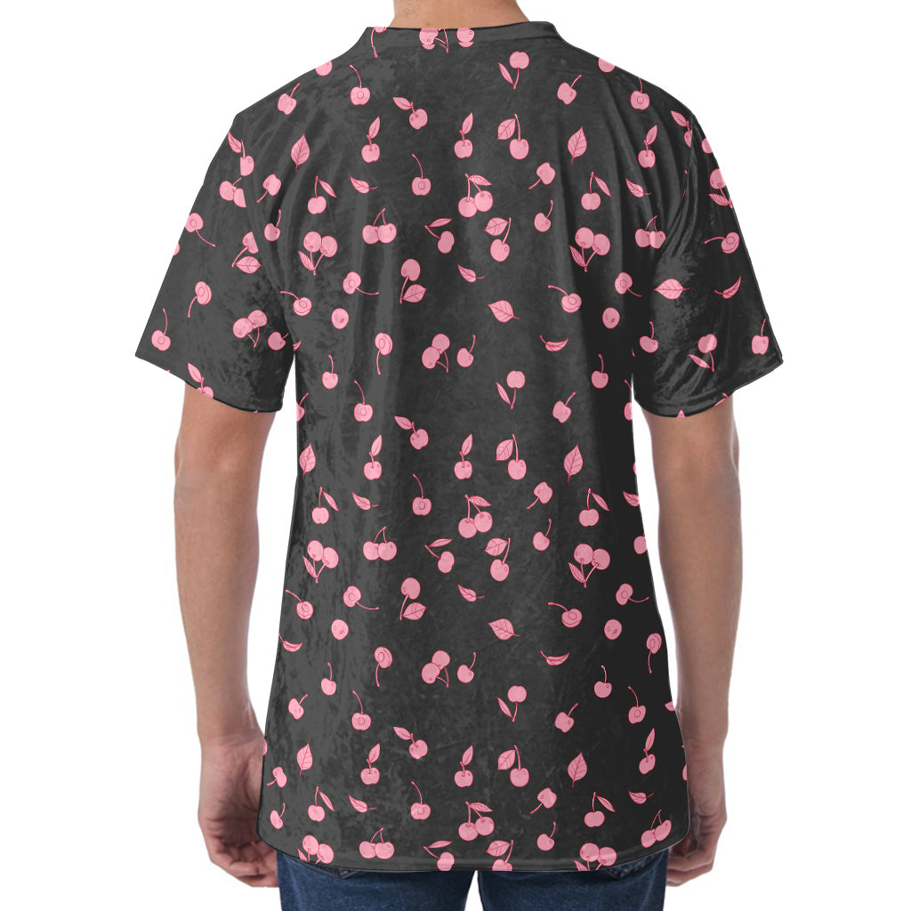 Pink Cherry Pattern Print Men's Velvet T-Shirt