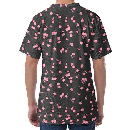 Pink Cherry Pattern Print Men's Velvet T-Shirt