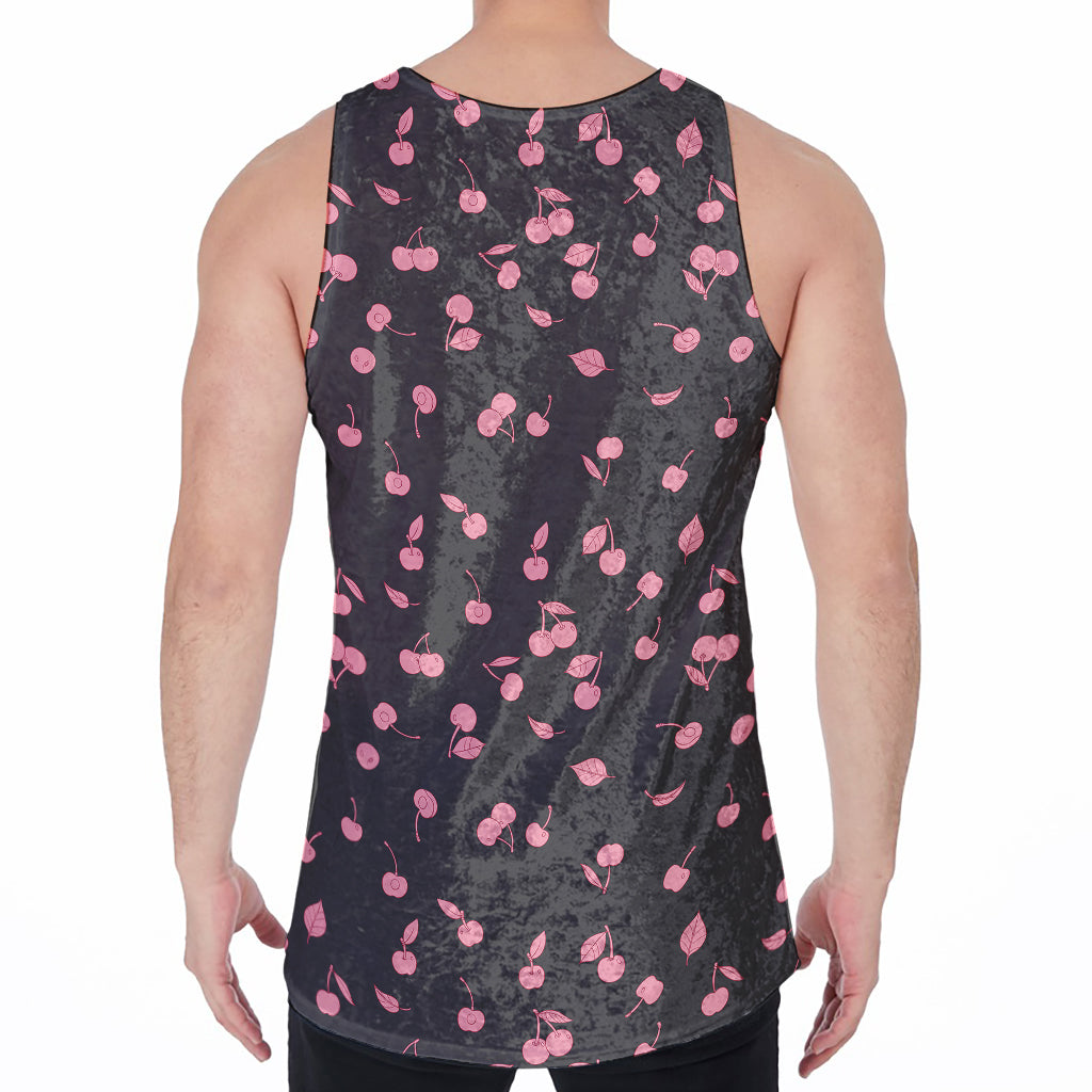 Pink Cherry Pattern Print Men's Velvet Tank Top