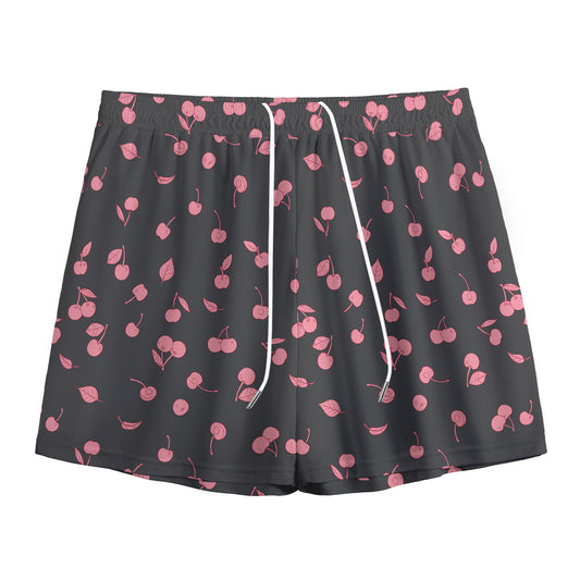 Pink Cherry Pattern Print Mesh Shorts