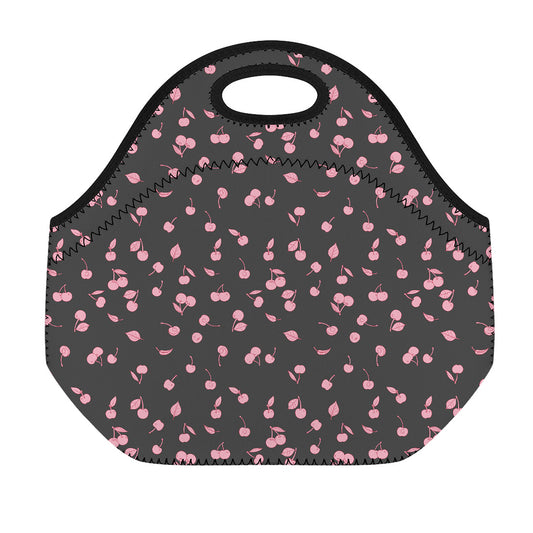 Pink Cherry Pattern Print Neoprene Lunch Bag
