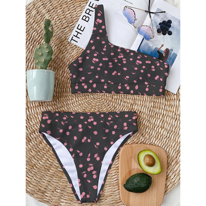Pink Cherry Pattern Print One Shoulder Bikini Top