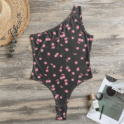Pink Cherry Pattern Print One Shoulder Bodysuit