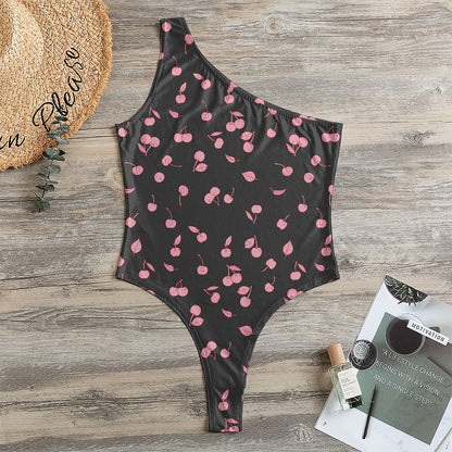 Pink Cherry Pattern Print One Shoulder Bodysuit