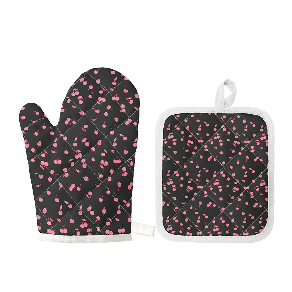 Pink Cherry Pattern Print Oven Mitt And Pot Holder Set