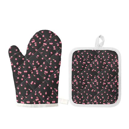 Pink Cherry Pattern Print Oven Mitt And Pot Holder Set