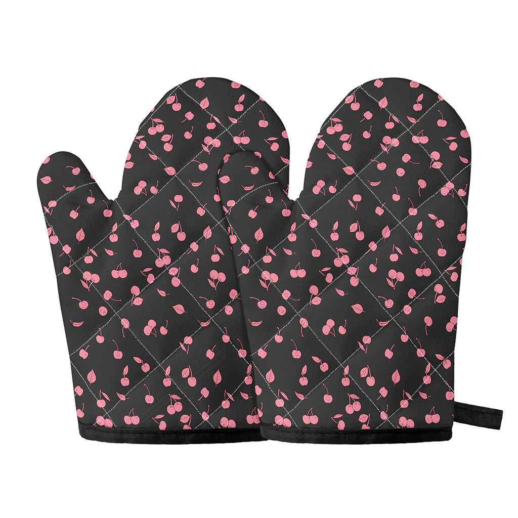 Pink Cherry Pattern Print Oven Mitts